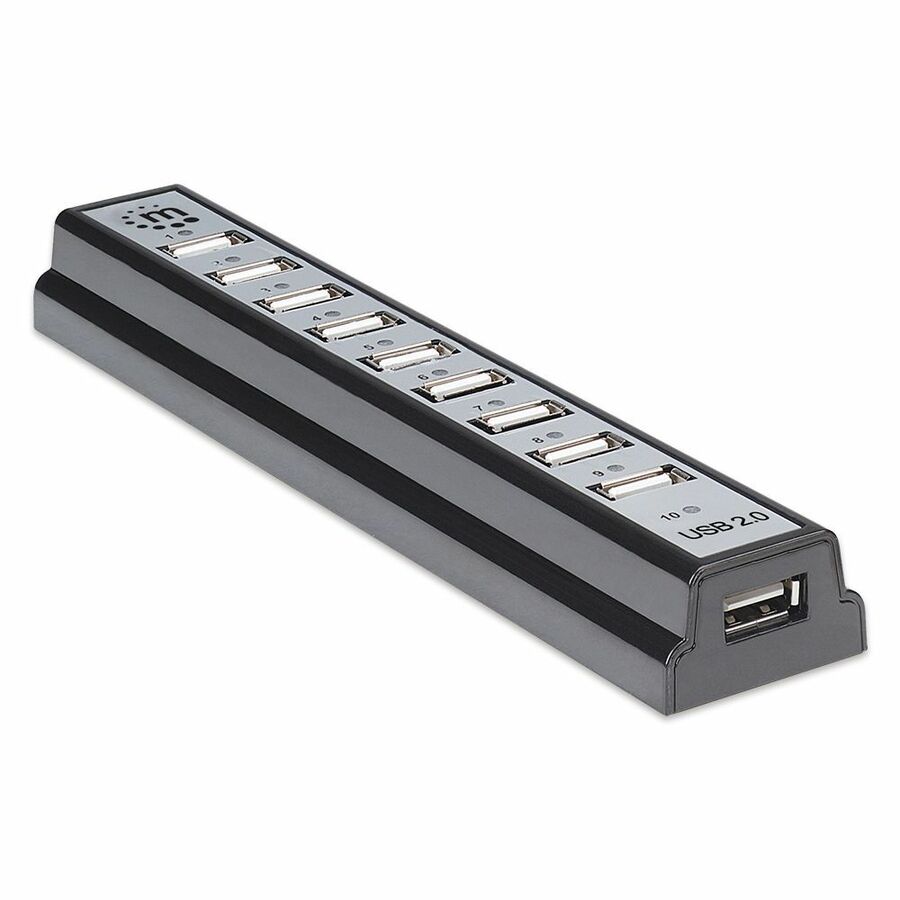 USB-A 10-Port Desktop Hub, 10x USB-A Ports, 480 Mbps (USB 2.0), Bus or AC Power, Hi-Speed USB, Black, Three Year Warranty