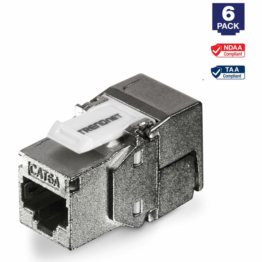 TRENDnet Shielded Cat6A Keystone Jack, 6-Pack Bundle, TC-K06C6A, 180° Angle Termination, Compatible with Cat5/Cat5e/Cat6 Cabling, Use w/ TC-KP24S Shielded Blank Keystone Patch Panel (sold separately)