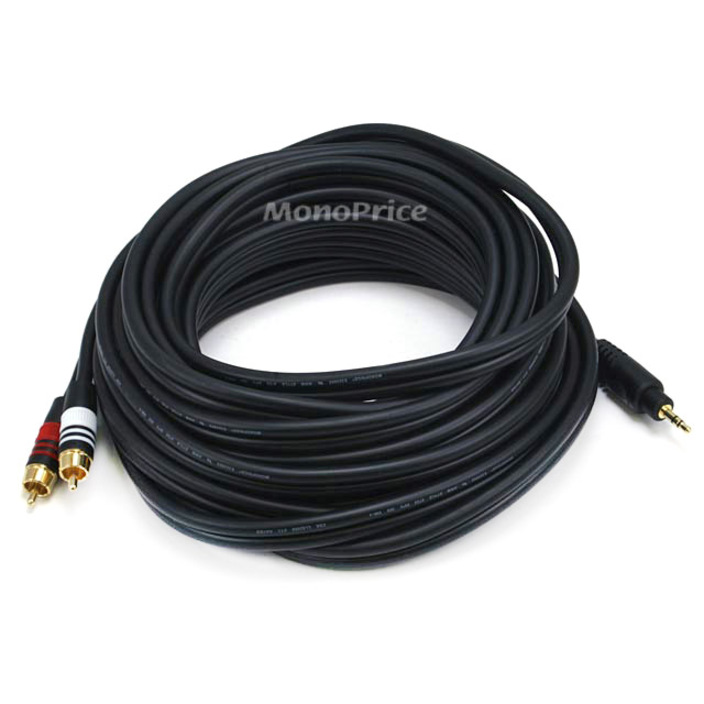 Monoprice 25ft Premium 3.5mm Stereo Male to 2RCA Male 22AWG Cable (Gold Plated) - Black
