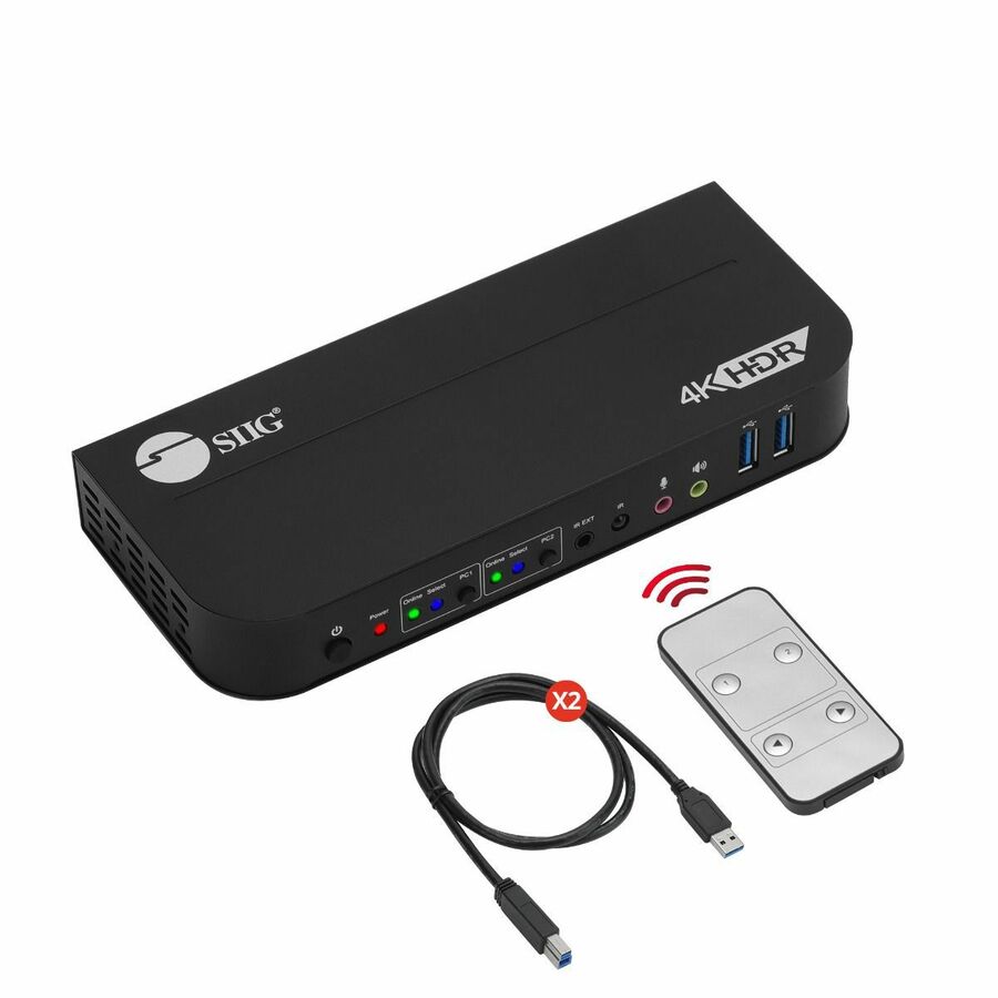 SIIG 2x1 HDMI 4K HDR KVM USB 3.0 Switch with Remote Control - Allows you to control 2 HDMI 4K computers using one keyboard and mouse - HDMI 4K@60, USB 3.0 ports, 3.5mm Phone & Mic Jacks, Switch Button, Hotkeys, Remote Control