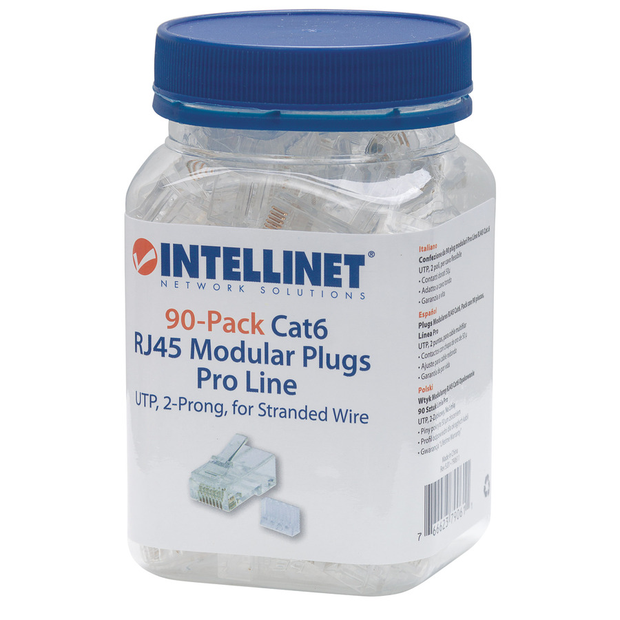 Intellinet Network Solutions Cat6 RJ45 Modular Plugs, 2-Prong, UTP, For Stranded Wire, 90 Plugs and Liners in Jar