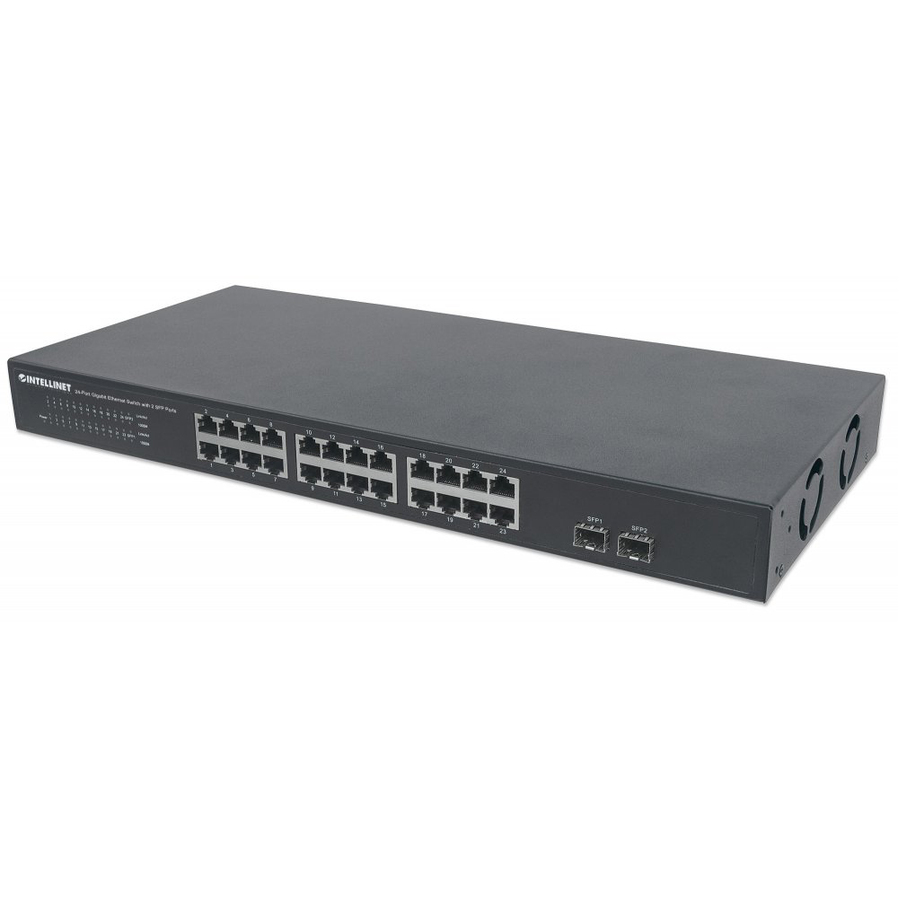 24-Port Gigabit Ethernet Switch with 2 SFP Ports, 24 x 10/100/1000 Mbps RJ45 Ports + 2 x SFP, IEEE 802.3az (Energy Efficient Ethernet), 19" Rackmount, Metal