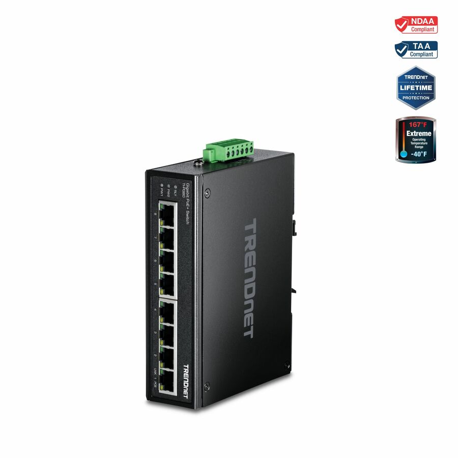 TRENDnet 8-Port Industrial Gigabit PoE+ DIN-Rail Switch, TI-PG80, 8 x Gigabit PoE+ Ports, 200W PoE Power Budget, 16Gbps Switching Capacity, NDAA TAA Compliant, Lifetime Protection