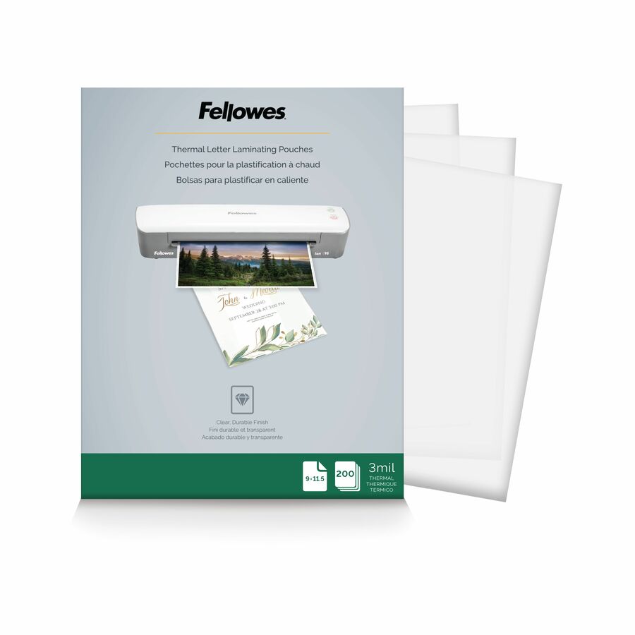 Fellowes Letter-Size Thermal Laminating Pouches - Sheet Size Supported: Letter 8.50" Width x 11" Length - Laminating Pouch/Sheet Size: 9" Width x 3 mil Thickness - Durable - Clear - 200 / Pack