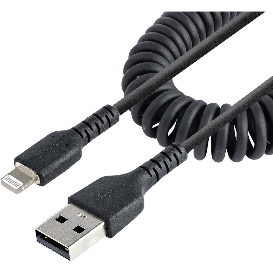 StarTech 1m (3ft) USB to Lightning Cable, MFi Certified, Coiled iPhone Charger Cable, Black, Durable TPE Jacket Aramid Fiber