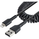 StarTech 1m (3ft) USB to Lightning Cable, MFi Certified, Coiled iPhone Charger Cable, Black, Durable TPE Jacket Aramid Fiber