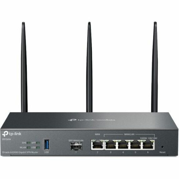 TP-Link ER706W Wi-Fi 6 IEEE 802.11 a/b/g/n/ac/ax Ethernet Wireless Router - Dual Band - 2.40 GHz ISM Band - 5 GHz UNII Band - 3 x Antenna(3 x External) - 372 MB/s Wireless Speed - 4 x Network Port - 1 x Broadband Port - USB - Gigabit Ethernet - VPN Supported - Desktop, Wall Mountable