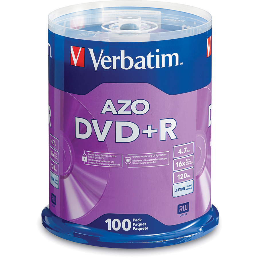 Verbatim 95098 DVD Recordable Media - DVD+R - 16x - 4.70 GB - 100 / Pack - Silver