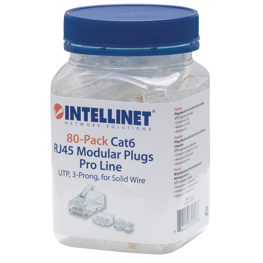 Intellinet Network Solutions Cat6 RJ45 Modular Plugs, 3-Prong, UTP, For Solid Wire, 80 Plugs, Liners and Sleds in Jar
