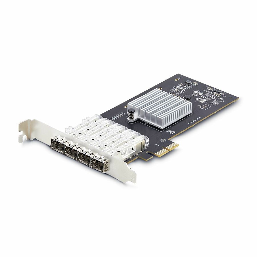 StarTech.com 4-Port GbE SFP Network Card, PCIe 2.0 x2 (x4, x8, x16 Compatible), Intel I350-AM4, Copper/Fiber Optic, Gigabit Ethernet - PCIe quad-port NIC with Intel I350-AM4 chipset; AMT/vPRO for remote management - Single/Multi-mode SFPs; 1Gbps (full duplex) per port; LED indicators - PXE Boot, Jumbo Frame, VLAN - Windows/Windows Server/Linux/ESXi/HyperV - Fits PCIe x2, x4, x8, x16
