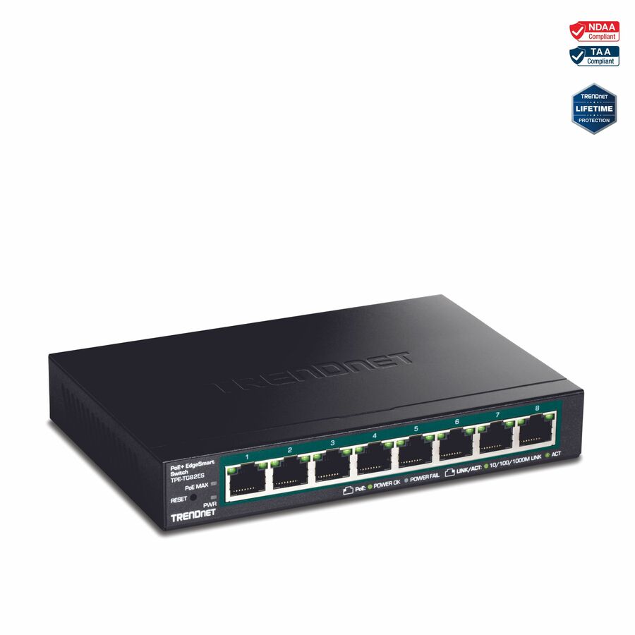 TRENDnet 8-Port Gigabit EdgeSmart PoE+ Switch, Desktop Switch, wall mountable, compact, Lifetime Protection, Black, TPE-TG82ES