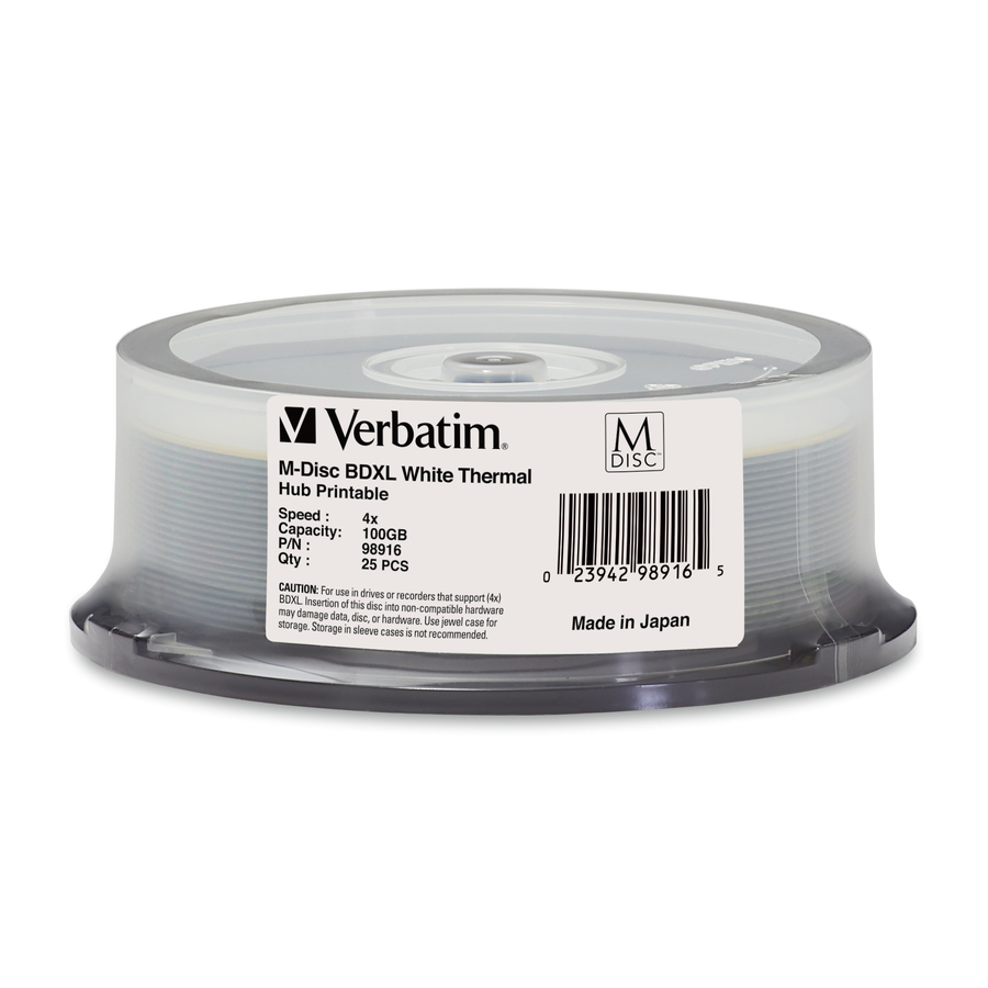 Verbatim M DISC BDXL - 4x - 100 GB - Thermal Printable, Hub Printable - 25pk Spindle