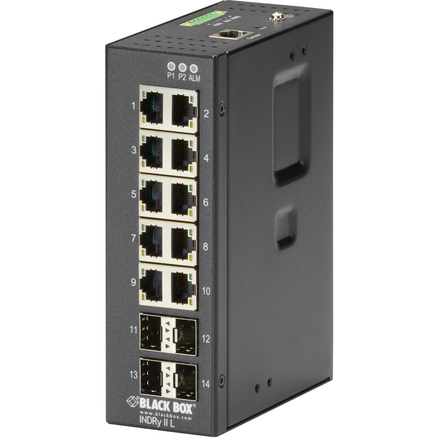 Black Box Hardened Managed Ethernet Switch - 10 Ports - Manageable - Gigabit Ethernet - 1000Base-X, 10/100/1000Base-T - 2 Layer Supported - 4 SFP Slots - 11 W Power Consumption - Twisted Pair, Optical Fiber - DIN Rail Mountable, Wall Mountable - 1 Year Limited Warranty