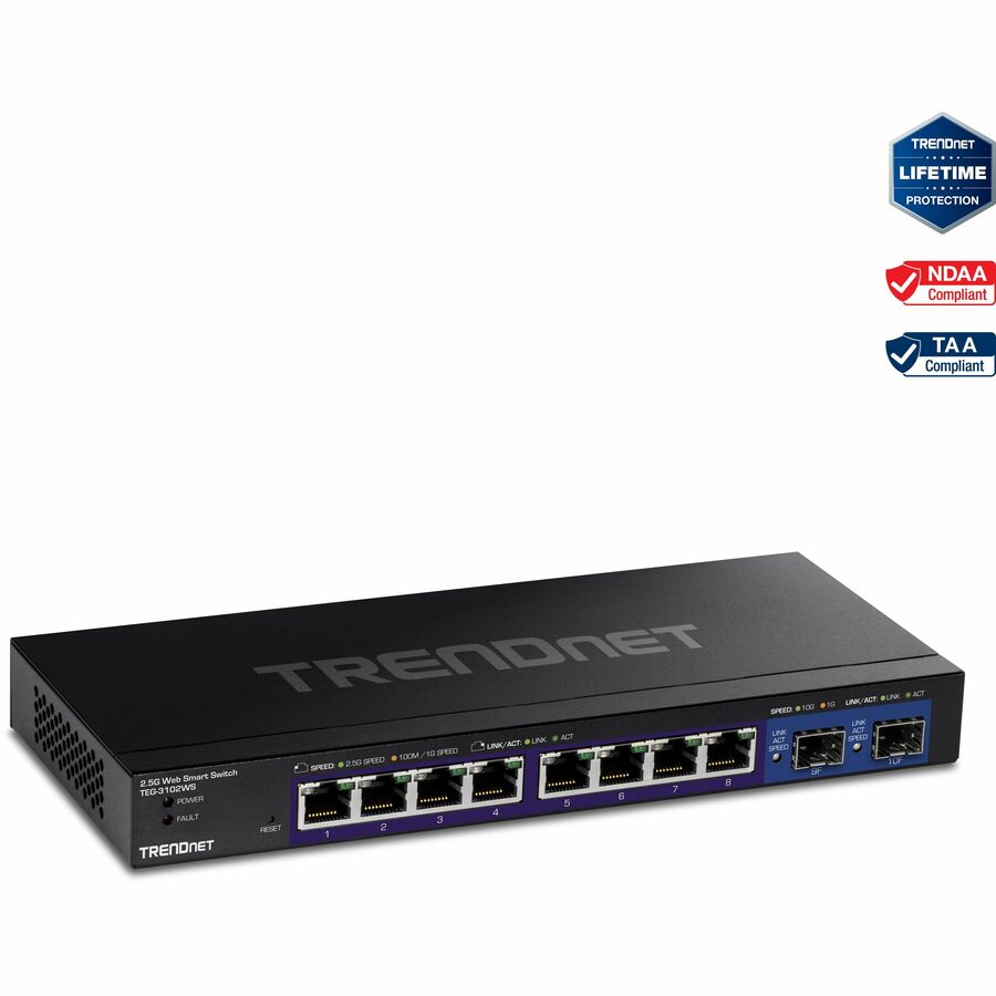 TRENDnet 10-Port Multi-Gig Web Smart Switch, TEG-3102WS, 8 x 2.5GBASE-T Ports, 2 x 10G SFP+ Slots, Ethernet Splitter, Metal Housing, NDAA & TAA Compliant, Lifetime Protection, Black