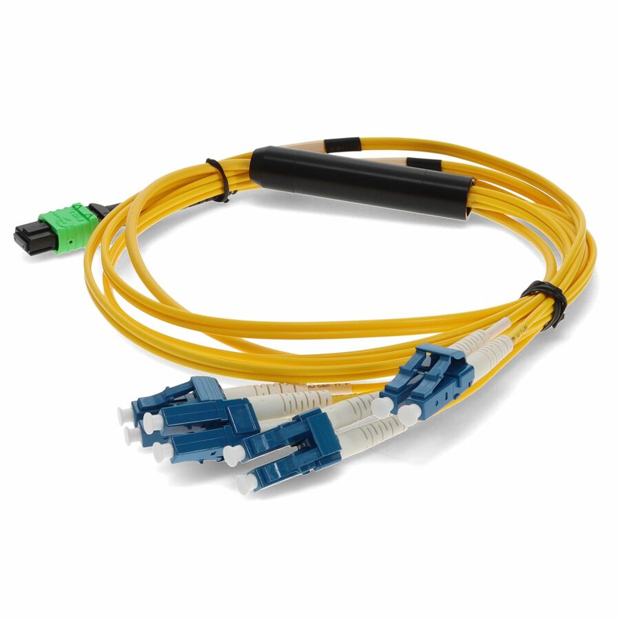 AddOn 5m MPO/APC to 4xLC/UPC Duplex Yellow OS2 OFNR (Riser-Rated) 8-Strand TAA SMF Fiber Fanout Cable