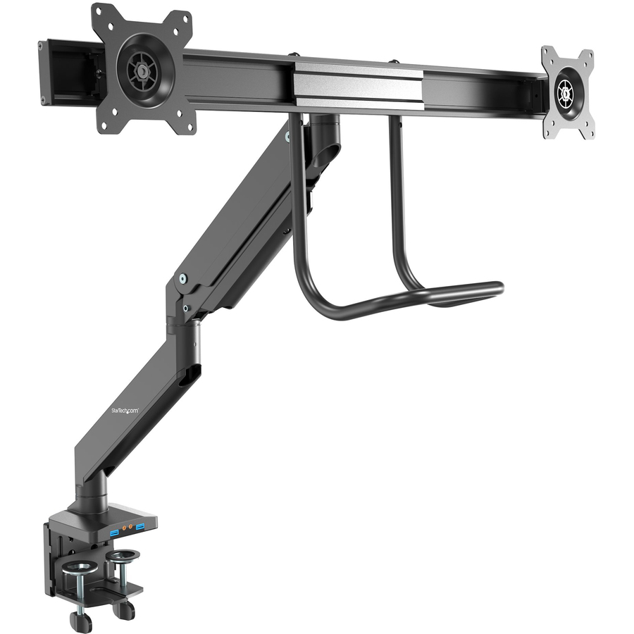 StarTech.com Desk Mount Dual Monitor Arm with USB & Audio, Slim Dual Monitor VESA Mount up to 32" (17.6lb/8kg) Displays, C-Clamp/Grommet - VESA 75x75/100x100mm heavy duty desk mount dual monitor arm supports 32in displays (17.6lb) per screen - 2 USB-A 3.0 5Gbps passthrough ports and 2 3.5mm audio/mic jacks - Ergonomic synchronized spring-assisted adjustable height - C-clamp/grommet