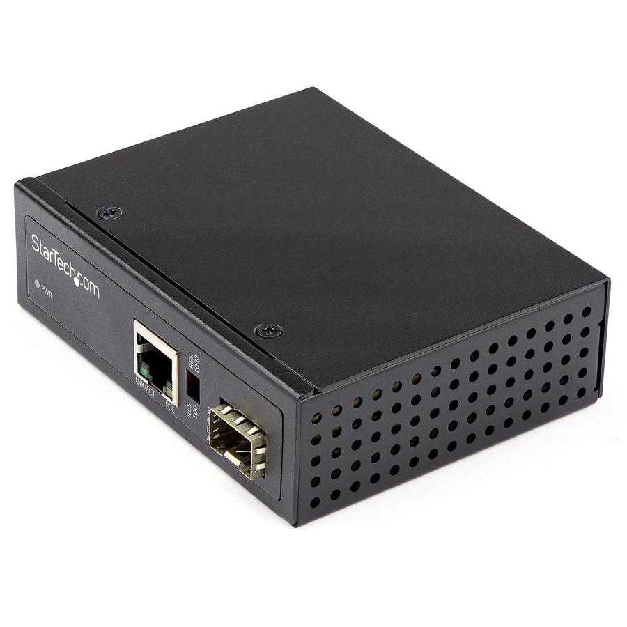 StarTech.com PoE+ Industrial Fiber to Ethernet Media Converter 60W - SFP to RJ45 - SM/MM Fiber to Gigabit Copper IP-30 - Fiber to Ethernet media converter extends networks & converts fiber to copper - PSE source for 60W power to IEEE 802.3af (PoE) & IEEE 802.3at (PoE+) PD devices - 1 Gbps (Gigabit)| 1 x SFP | 1x RJ45 | Industrial IP-30 Aluminum| 10/100/1000Mbps