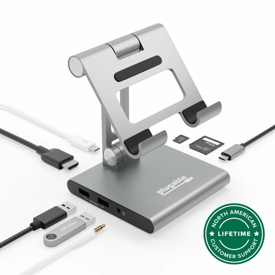 Plugable 8-in-1 USB C Docking Station for iPad with Stand, 100W Pass-through Charging USB-C Hub