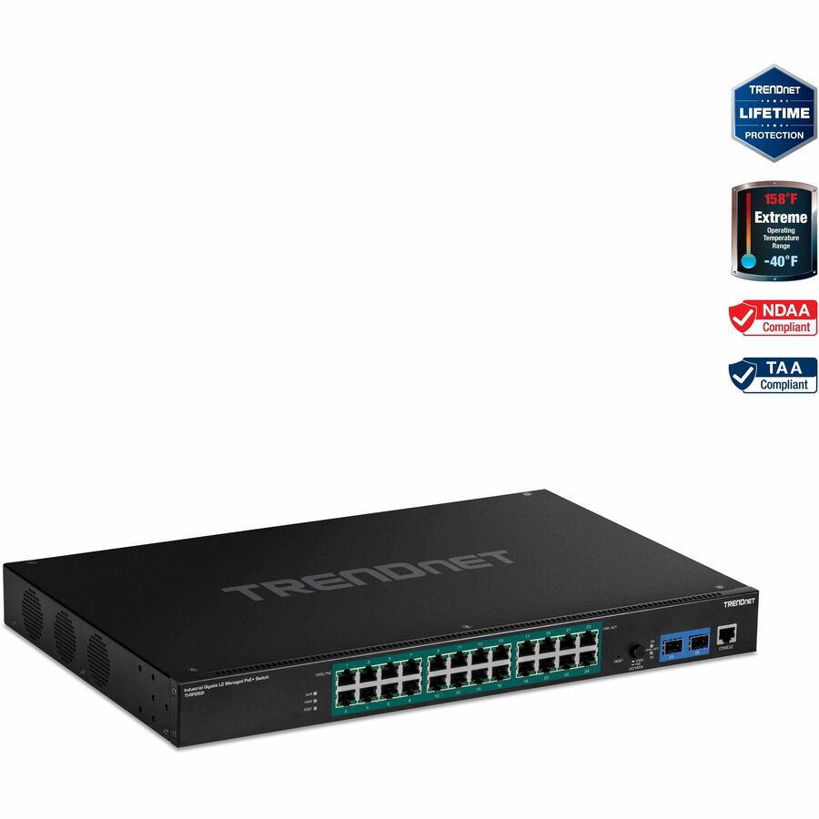 TRENDnet 26-Port Industrial Gigabit L2 Managed PoE+ Switch, TI-RP262i, 1U 19" Rackmount, 24 x Gigabit PoE+ Ports, 2 x SFP Slots (100/1000Base-FX), IP30, VLAN, QoS, 685W PoE Power Budget, Fanless - 26-Port Industrial Gigabit L2 Managed PoE+ Switch