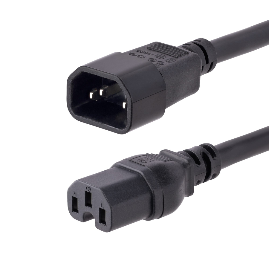StarTech 10ft (3m) Heavy Duty Extension Cord, IEC C14 to IEC C15 Black Extension Cord, 15A 125V, 14AWG, Heavy Gauge Power Cable