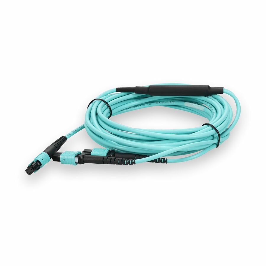 AddOn 1m MPO/UPC to 2xMPO/UPC Aqua OM4 OFNR (Riser-Rated) 12-Strand Fiber Fanout Cable, MMF (Multi Mode), 50/125