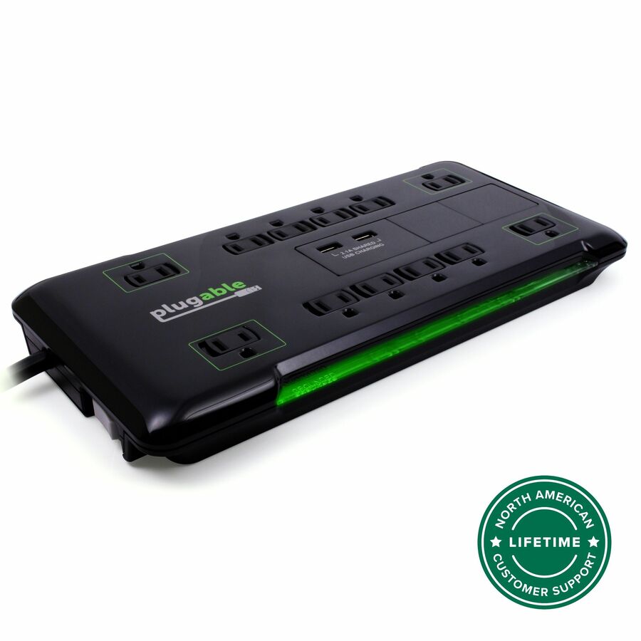 Plugable 12 Outlet Power Strip 4320 Joules Surge Protection, Built-in 10.5W 2-Port USB Charger for Android and Apple Phones, Mobile Devices, 25 Foot Cable