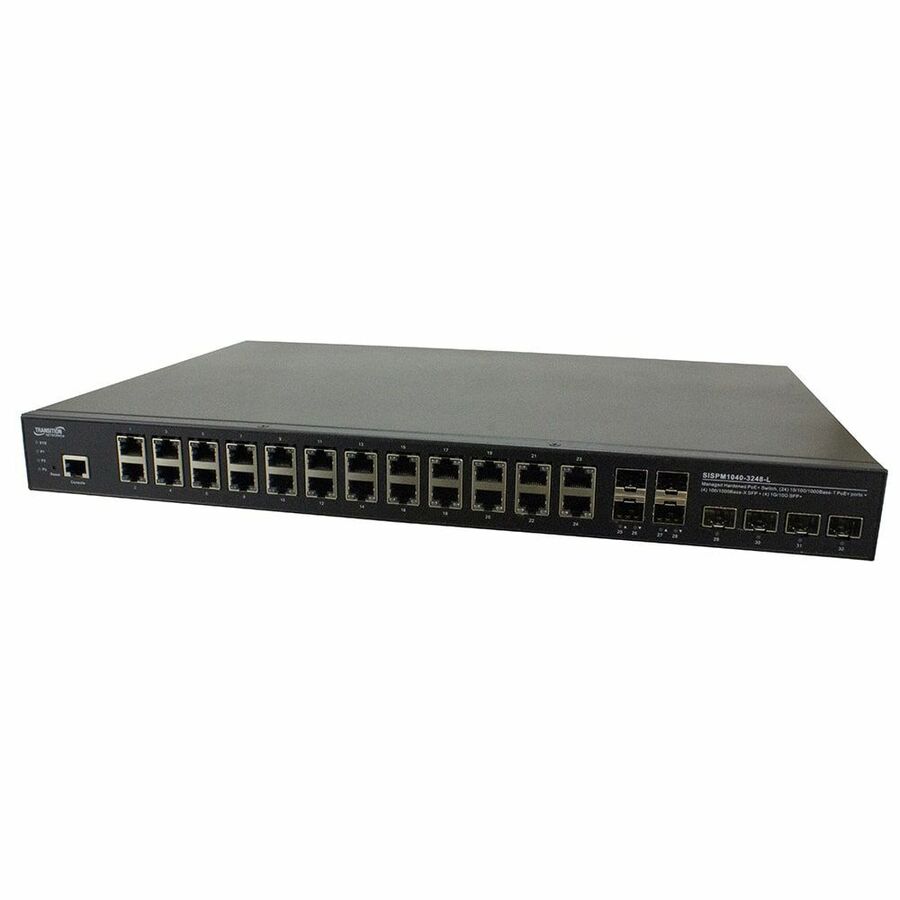 Managed Hardened Gigabit Ethernet PoE+ Rack Mountable Switch 24 10/100/1000Base-T PoE+ Ports + 4 100/1000Base-X SFP Slots + 4 1G/10GBase-X SFP+ Slots