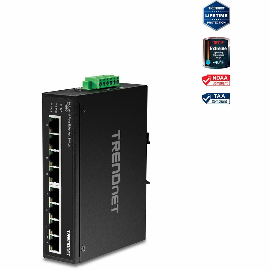 TRENDnet 8-Port Industrial Unmanaged Fast Ethernet DIN-Rail Switch; TI-E80 8 x Fast Ethernet Ports; 1.6Gbps Switching Capacity;8 Port Network Fast Ethernet Switch;IP30 Metal Switch;Lifetime Protection - 8-Port Industrial Fast Ethernet DIN-Rail Switch
