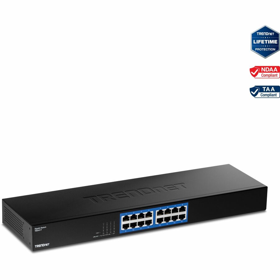 TRENDnet 16-Port Gigabit Switch, TEG-S17, 16 x Gigabit RJ-45 Ports, 32Gbps Switching Capacity, Fanless Design, Metal Enclosure, Internal Power Supply, Lifetime Protection, Black - 16 Ports - Gigabit Ethernet - 1000Base-X - 2 Layer Supported - Power Supply - 9.19 W Power Consumption - Twisted Pair - 1U High - Rack-mountable