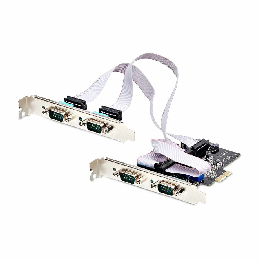 StarTech.com 4-Port Serial PCIe Card, Quad-Port RS232/RS422/RS485 Card, 16C1050 UART, ESD Protection, Windows/Linux, TAA-Compliant - 4-Port PCIe Serial Card features on-board DIP switches allowing each DB9 port to operate in RS-232/RS-422/RS-485 independently; Jumpers provide the option of 12V/5V/RI @ 1.5A per port; Includes Low-Profile Brackets; Supports Windows/Linux
