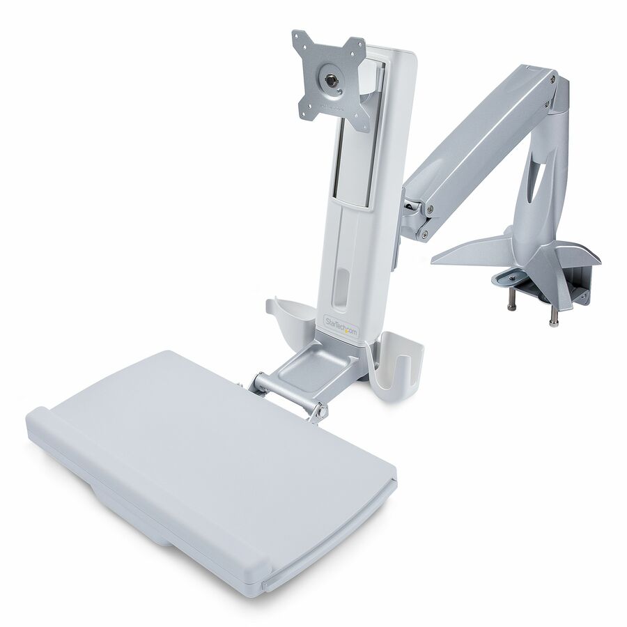 StarTech Sit-Stand Monitor Arm, Keyboard Tray, Desk Mount Sit-Stand Workstation up to 27in VESA Display, Standing Desk Converter, TAA