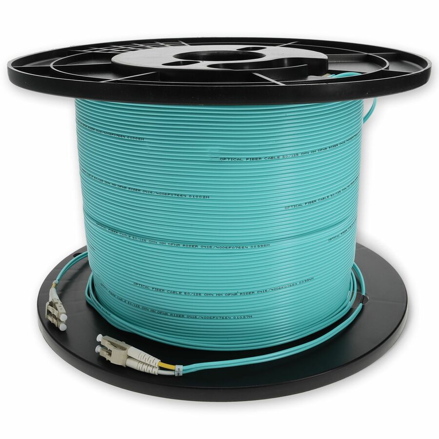 AddOn 100m LC to LC Aqua OM3 Duplex OFNR (Riser-Rated) Fiber Patch Cable