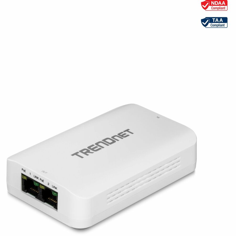 TRENDnet 2-Port Gigabit PoE++ Extender, 1 x Gigabit PoE++ In Port, 2 x Gigabit PoE Out Ports, Extends 100m (328 ft) Up to 200m (656 ft), Daisy Chain 4 Units for up to 500m (1640 ft), Black, TPE-BE200 - 2 x Gigabit Ethernet Output Port(s) - 60 W