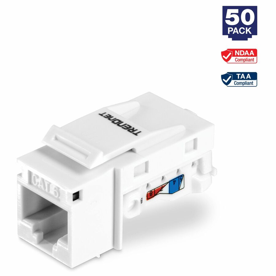 TRENDnet Cat6 Keystone Jack 50-Pack Bundle, TC-K50C6, Compatible with Cat5/Cat5e/Cat6 Cabling Cat6 RJ45 Keystone Jacks, Use with the TC-KP24 or TC-KP48 Blank Keystone Patch Panels (Sold Separately) - 50 Pack Cat6 RJ-45 Keystone Jack