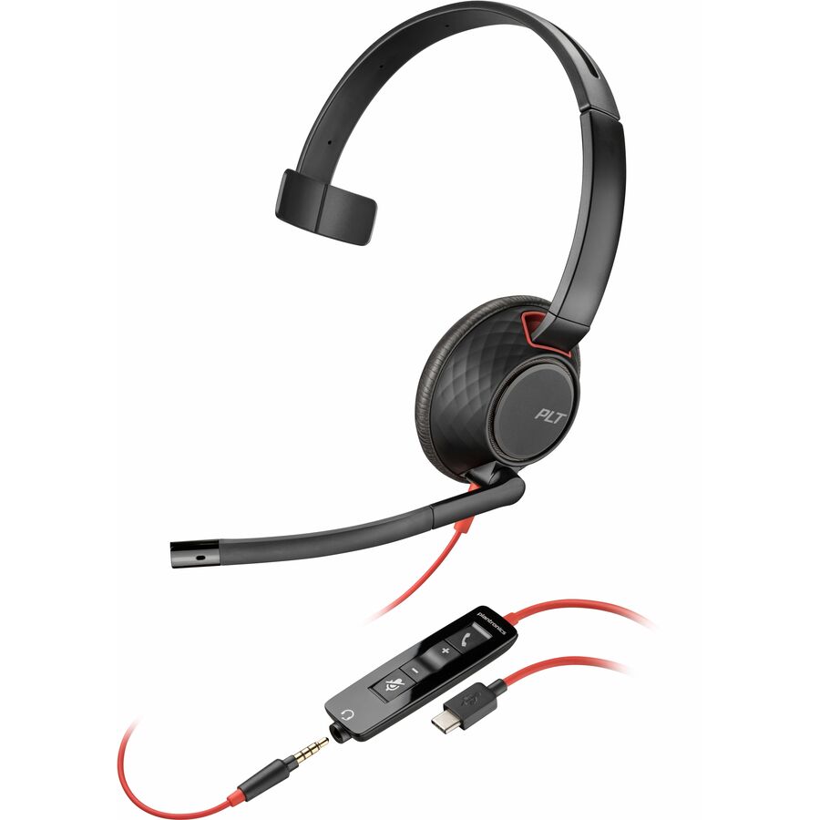 Poly Blackwire 5210 Monaural USB-C Headset +3.5mm Plug +USB-C/A Adapter - Microsoft Teams Certification - Mono - USB Type C, Mini-phone (3.5mm) - Wired - 32 Ohm - 20 Hz to 20 kHz - On-ear, Over-the-head - Monaural - Supra-aural - 7.10 ft Cable - Omni-directional, Noise Cancelling Microphone - Noise Canceling - Black