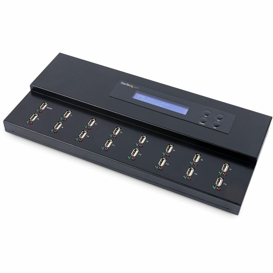 StarTech.com Standalone 1 to 15 USB Thumb Drive Duplicator/Eraser, USB Flash Drive Copier/Cloner, Sector-by-Sector Copy, Sanitizer, TAA - 1 to 15 Standalone USB Flash Drive Duplicator/Eraser, Cloner/Sanitizer; Supports USB 3.0/2.0 Thumb Drives; Up to 1.5 GB/min System-and-File and Sector-by-Sector Copy; Single and 3-Pass Erase(DoD / NIST SP 800-88 Rev1 clear), no computer required; TAA