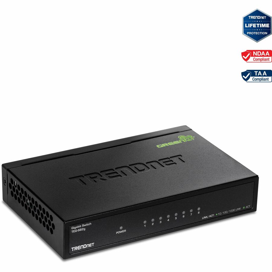 TRENDnet 8-Port Gigabit GREENnet Switch, Ethernet Network Switch, TEG-S82G, 8 x 10-100-1000 Mbps Gigabit Ethernet Ports, Ethernet Splitter, 16 Gbps, Metal, Lifetime Protection, Black