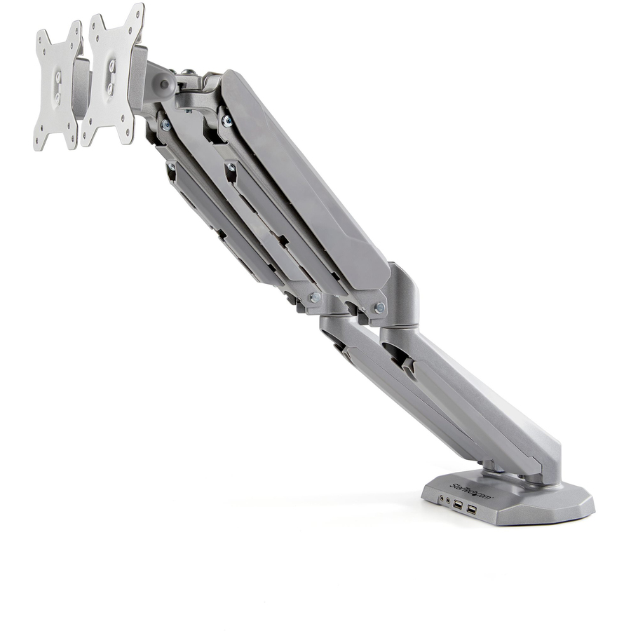 StarTech.com Desk Mount Dual Monitor Arm with USB & 3.5mm Audio, Desk Clamp Ergonomic VESA Mount for up to 32" (17.6lb/8kg) Displays - VESA 75x75/100x100mm desk mount dual monitor arm supports displays up to 32in (17.6lb) per arm - Desk clamp monitor mount with 2 USB 2.0/audio passthrough ports - Full motion ergonomic articulating arms, adjustable height, tilt/swivel/rotate screen