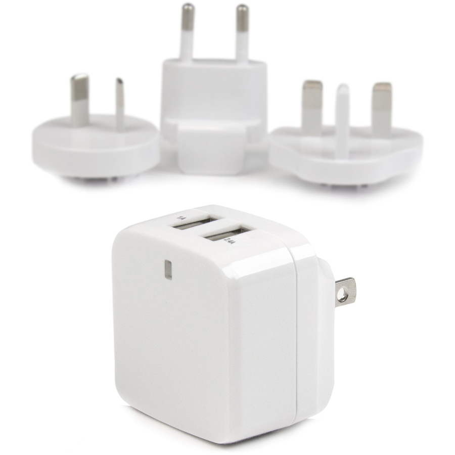 StarTech.com Travel USB Wall Charger â€" 2 Port â€" White â€" Universal Travel Adapter â€" International Power Adapter â€" USB Charger - Charge a tablet and a phone simultaneously, almost anywhere around the world - Dual Port USB Charger - White 2 Port USB Charger - 2 Port USB AC Charger Apple & Android Devices - High Power 17W/3.4A (1A & 2.4A) - International Travel Charger 110V/220V