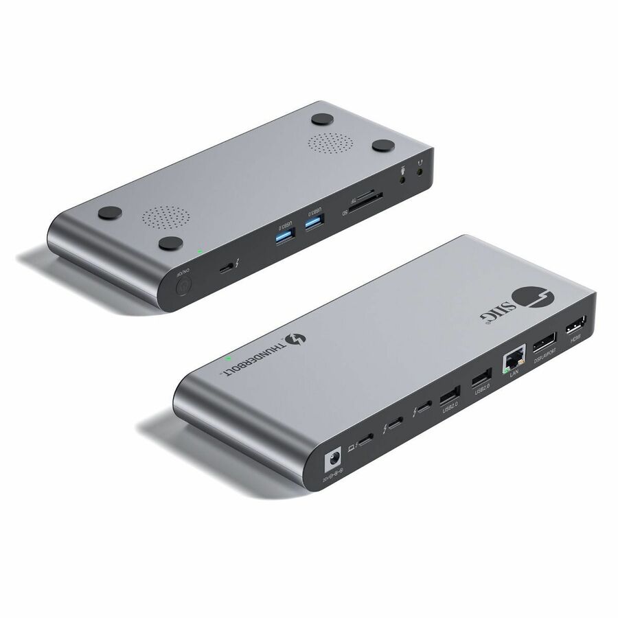 SIIG Quad Display Thunderbolt 4 Docking Station & PD - Single 8K 30Hz or 4K 144Hz / Quad Monitor 4K 60Hz on TBT4/USB 4 laptops - 3x Thunderbolt 4 USB-C- 1x DisplayPort- 1x HDMI - 2x USB-A 5G - 2x USB-A 480Mbps - Gigabit Ethernet- 1x SD 3.0 slot- 1x Micro SD (TF) 3.0 slot - 2x 3.5mm Stereo audio & microphone - come with 150W power adapter with PD 60W - Power button - Include Thunderbolt 4 cable - Metal housing - 2 years warranty - Compliant with Windows and MacOS M1/M2 system