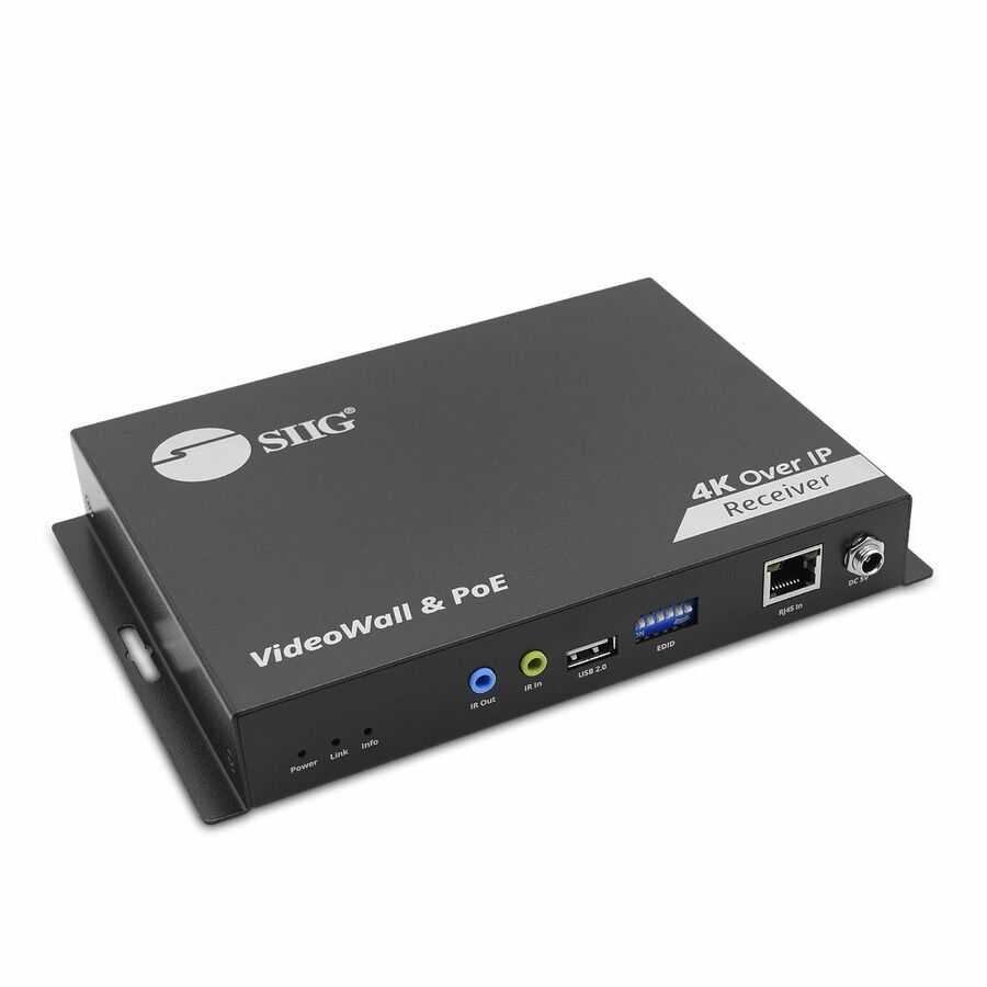 SIIG 4K 60Hz 18Gbps HDMI over IP Matrix - Decoder (RX) 394ft TAA Compliant - Receives 4K@60Hz HDMI signal up to 394Ft (120m) over a single Cat6/7 cable - DIP Switch - AV Over IP - PoE - One-to-One / One-to-Many / N to M Multi-casting - 5x5 Video Wall - KVM - USB - HDCP 2.2 - HDR 10 - 3.5mm Stereo - S/PDIF - Bi-directional IR - RS-232 Control - ESD Protection - TAA Compliant - 3 years warranty - Kit (CE-H28A11-S1) - Encoder (TX) (CE-H27F11-S1) - Controller (CE-H25411-S2)