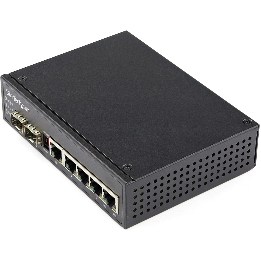 StarTech.com Industrial 6 Port Gigabit Ethernet Switch 4 PoE RJ45 +2 SFP Slots 30W PoE+ 48VDC 10/100/1000 Mbps -40C to 75C w/DIN Connector - Industrial 6 Port Gigabit Ethernet Switch - Up to 30W per 4 PoE ports - 75C to -40C hardened 5 RJ-45 ports (4 PoE) + 2 SFP slots MSA IP-30 housing MTBF 500k + hrs Vibration/shock/free fall rated Unmanaged DIN mountable/DIN connector included 2yr warr