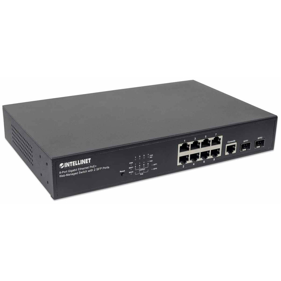 Intellinet Network Solutions 8-Port Gigabit PoE+ Web-Managed Switch with 2 SFP Ports, 140 Watt Power Budget, Desktop, Rackmount with Ears