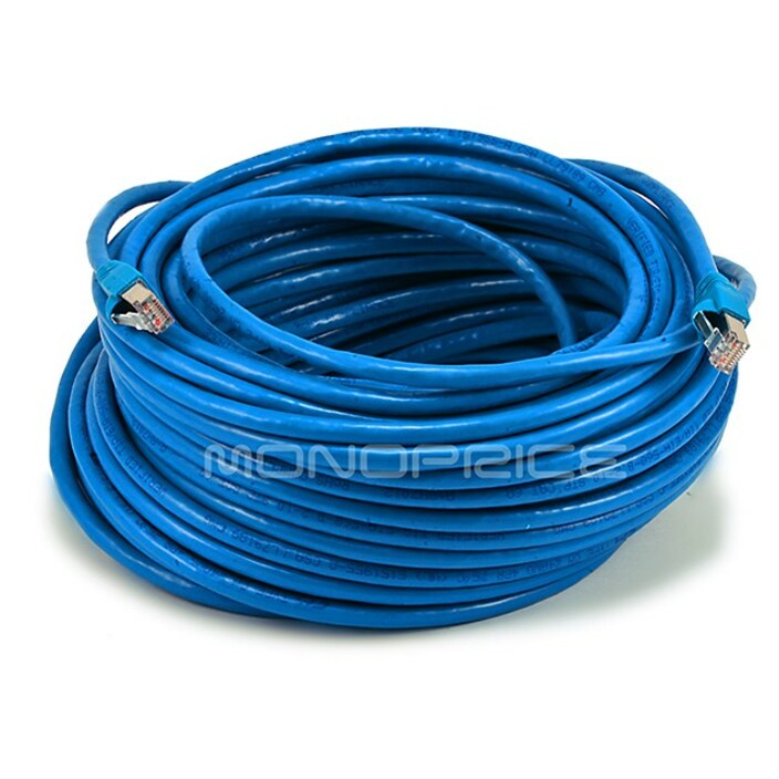 Monoprice 100FT 24AWG Cat6A 500MHz STP Ethernet Bare Copper Network Cable - Blue