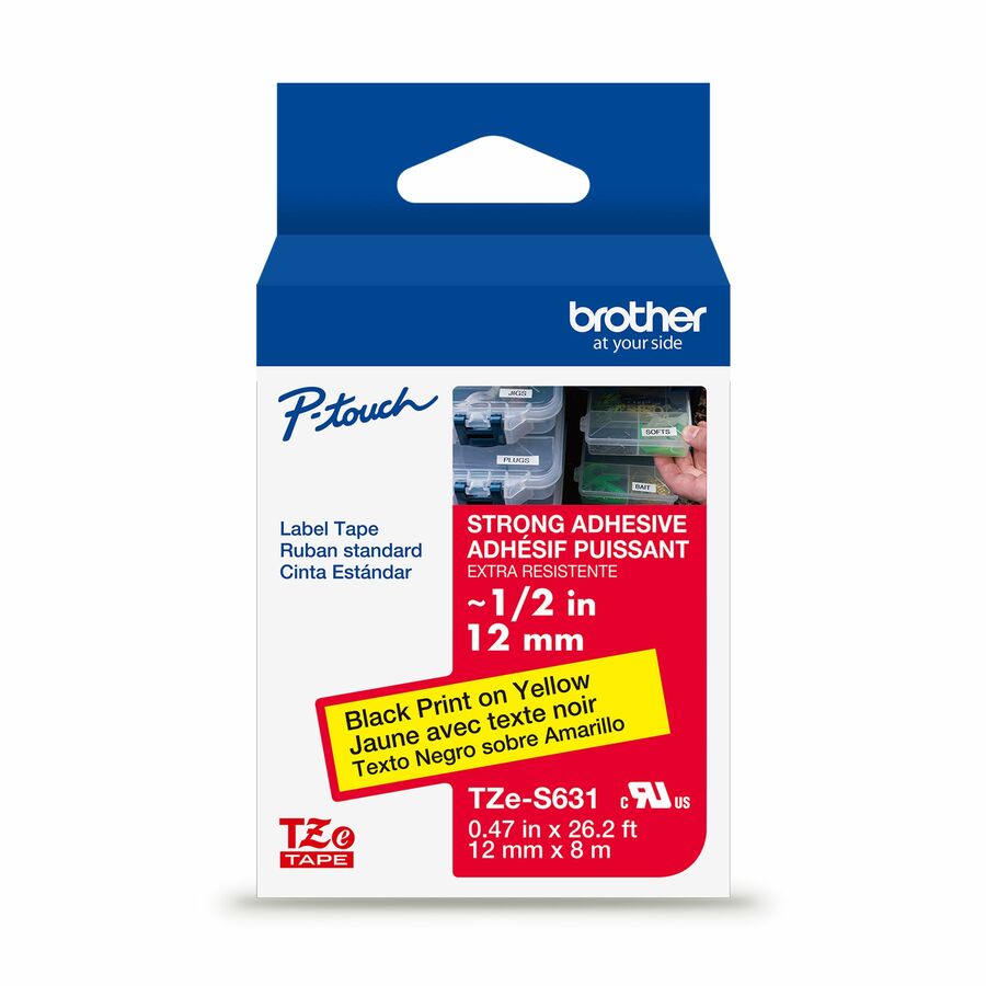 Brother Genuine P-touch TZeS631 BK on YL Label Tape, Strong Adhesive Lam., 12mmX8m