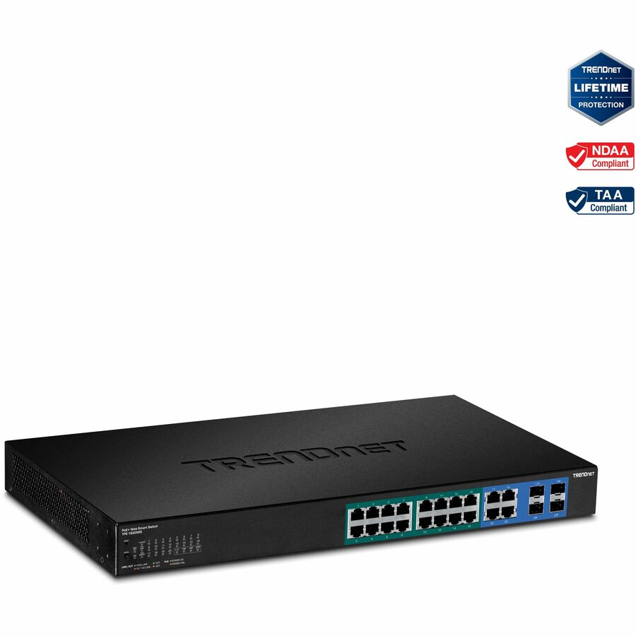 TRENDnet 20-Port Gigabit PoE+ Web Smart PoE+ Switch, 16 x Gigabit PoE+ Ports, 4 x Shared Gigabit Ports, Up To 30W Per Port, 185W Total Power Budget, Rack Mountable, Black, TPE-1620WS