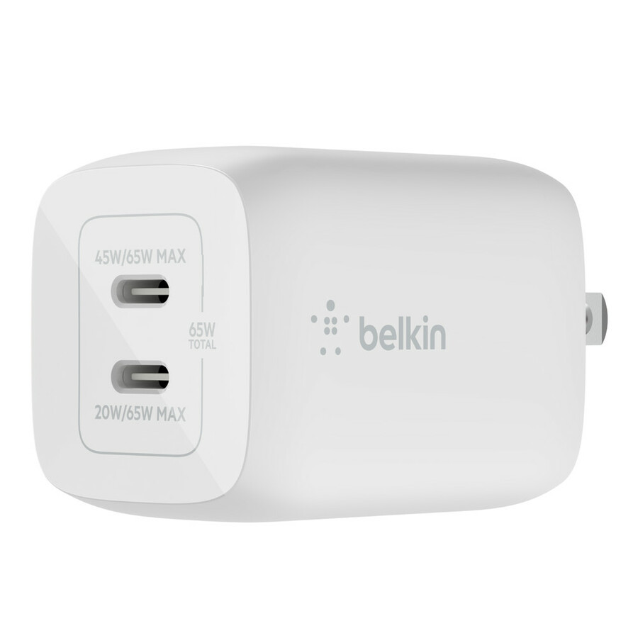 [18USBcCharger-65W] Belkin BoostCharge Pro Dual USB-C GaN Wall Charger with PPS 65W Laptop Chromebook Charging - Power Adapter