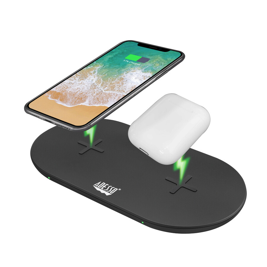 [17FastChargingDualPad] Adesso 15W Max Qi-Certified Dual 2-Coil Wireless Fast Charging Pad