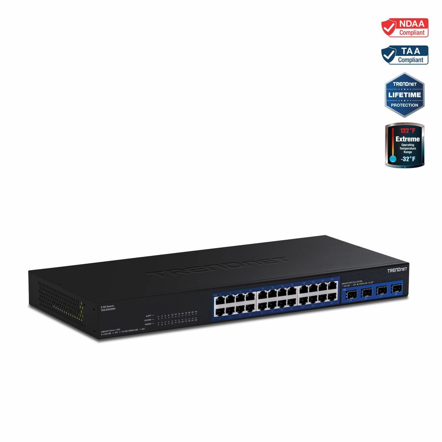 TRENDnet 28-Port Multi-Gig Switch, TEG-S50284, 24 2.5Gb RJ45 Ports, 4 x 10G SFP+ Ports, NDAA TAA Compliant, Lifetime Protection, 200Gbps Switch Capacity, Rack Mount Ready, Black