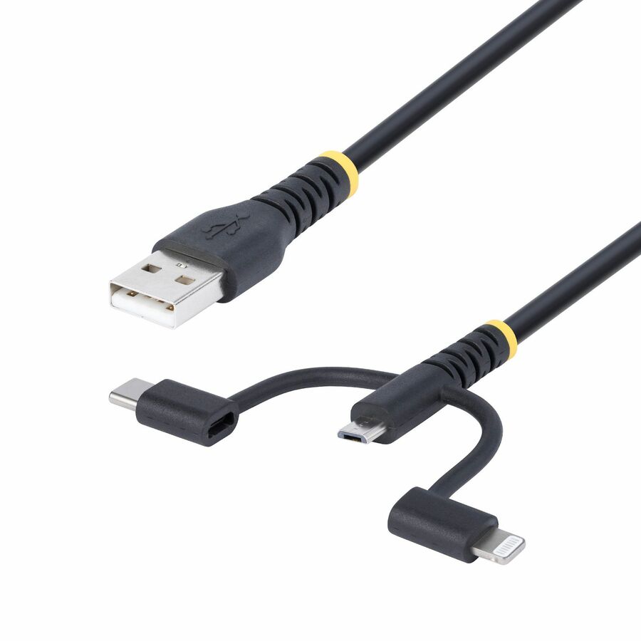 StarTech 3.3ft (1m) Rugged USB Multi Charging Cable, USB to Lightning/Micro-USB/Type-C, Apple MFi, Aramid Jacket, 3-in-1 Charger Cord